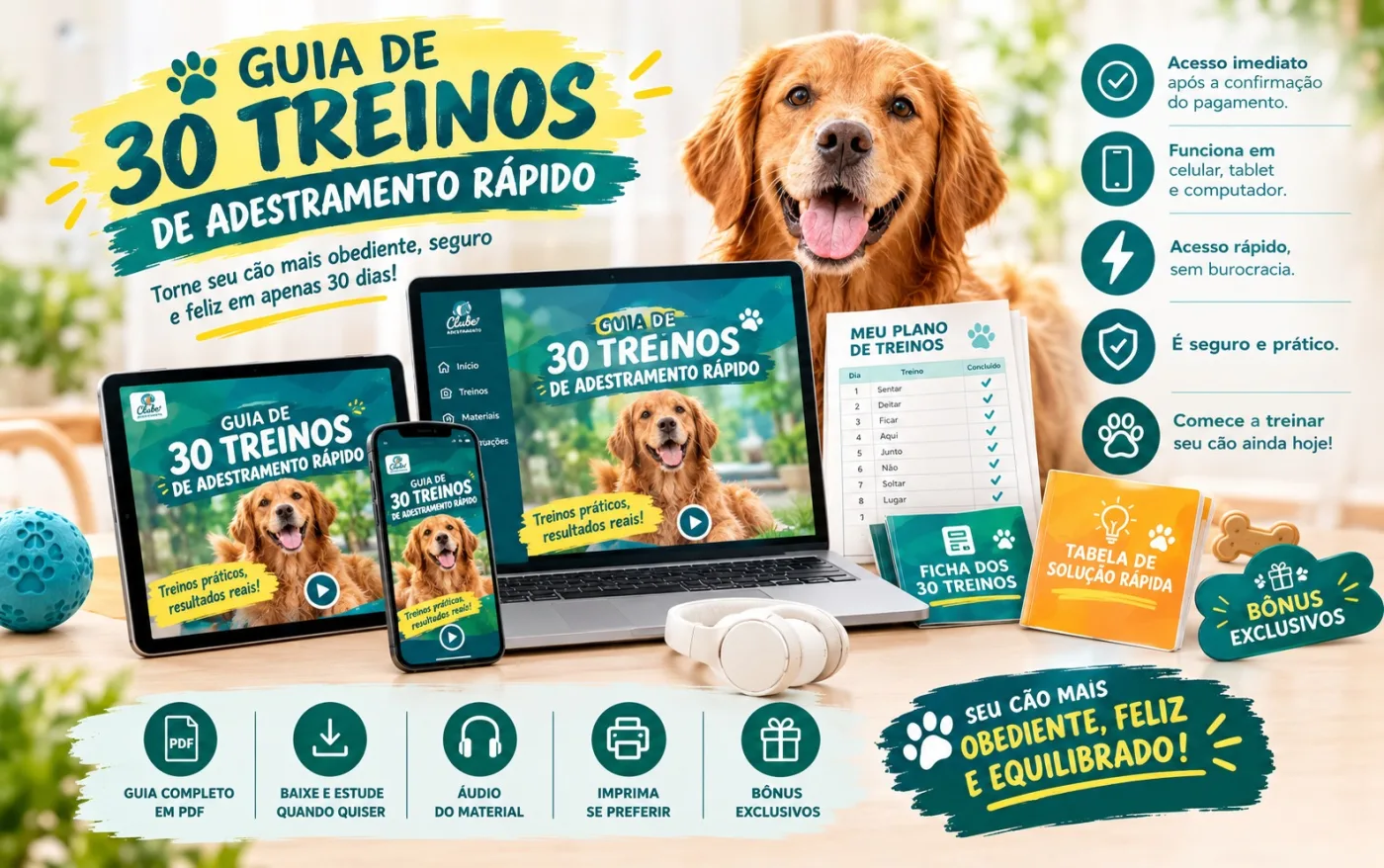 Guia de 30 Treinos de Adestramento Rápido no tablet, no celular e no notebook, com a Ficha dos 30 Treinos e a Tabela de Solução Rápida