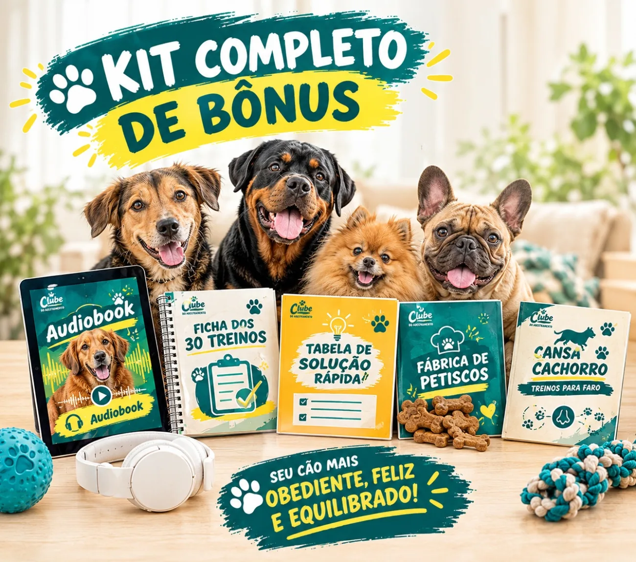 Kit completo de bônus: audiobook, Ficha dos 30 Treinos, Tabela de Solução Rápida, Fábrica de Petiscos e Cansa Cachorro